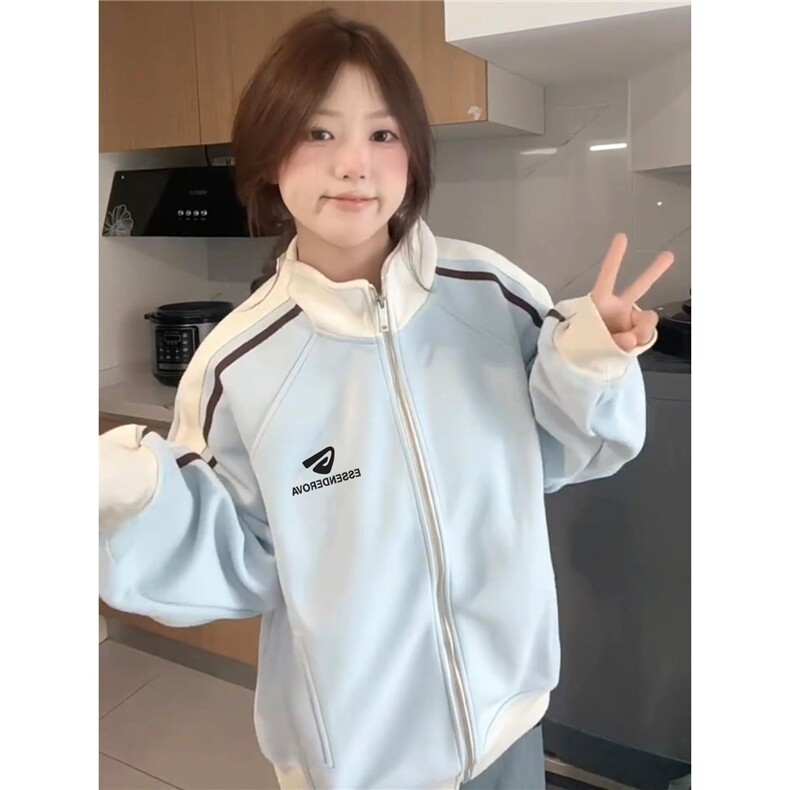 纯棉美式街头立领三条杠卫衣宽松显瘦加绒拉链开衫外套JKK789,女装短外套,星座516A