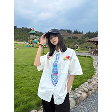 CS363#学院风花朵领带短袖衬衫黑色白色原版高质量，男装T恤，四季星座505