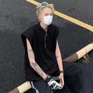 半高领拉链背心男小众设计感垫肩无袖t恤高级感运动坎肩ST321-P34图片