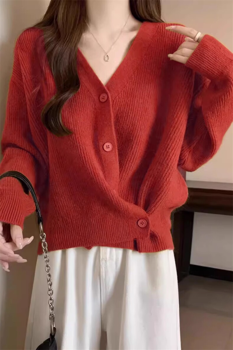 长袖单排扣V领纯色2024年秋季时尚简约百搭羊毛开衫,女装羊毛衫,戎咖羊绒