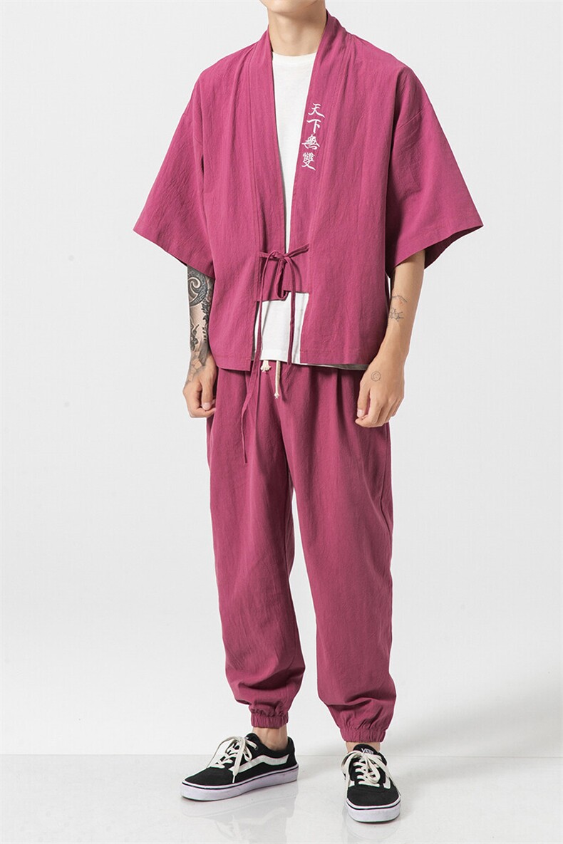 夏季大码风棉麻道袍汉服两件套男女短袖防晒套装潮TZ05/P85,男装防晒衣,钱塘713