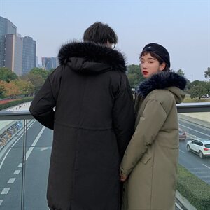 2019冬季新港风情侣毛领抽绳大码中长连帽加厚加棉衣男M738-P145图片