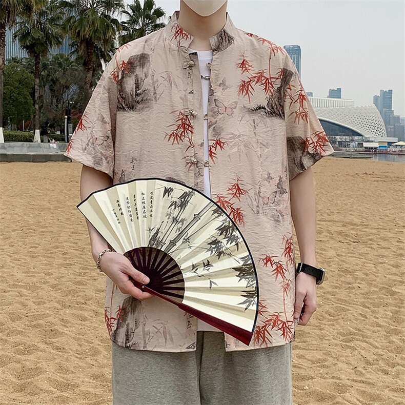 新中式风盘扣花纹短袖衬衫男士夏季复古唐装衬衣潮7008P40,男装衬衫,电商A056