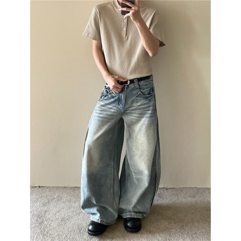 美式复古水洗折痕牛仔裤男女2025新款显瘦宽松垂感拖地阔腿裤子,男装牛仔裤,星座410-6（原星座1304-1）