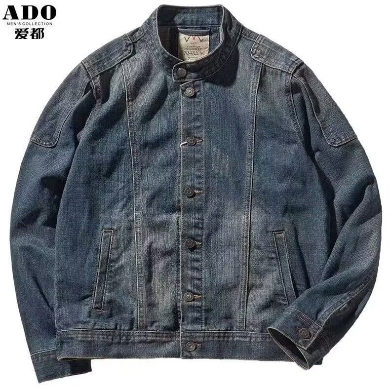 1506/QY80810/P44复古做旧机车牛仔个性扣领立领潮款休闲拼接外套，男装工装外套，星座1506