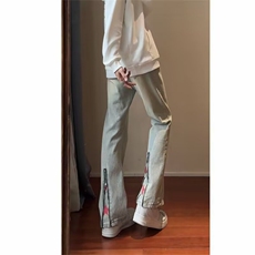 美式高街vibe裤子拉链修身牛仔裤男设计感直筒微喇裤LX0155-P45，男装牛仔裤，星座1008