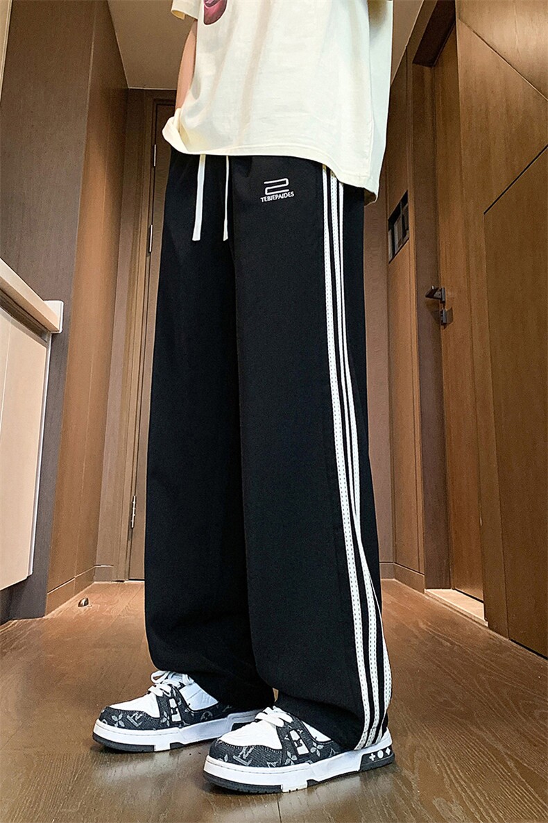 703-K905-P45夏季男垂感宽松直筒长裤透气条纹织带运动休闲裤,男装休闲裤,星座703