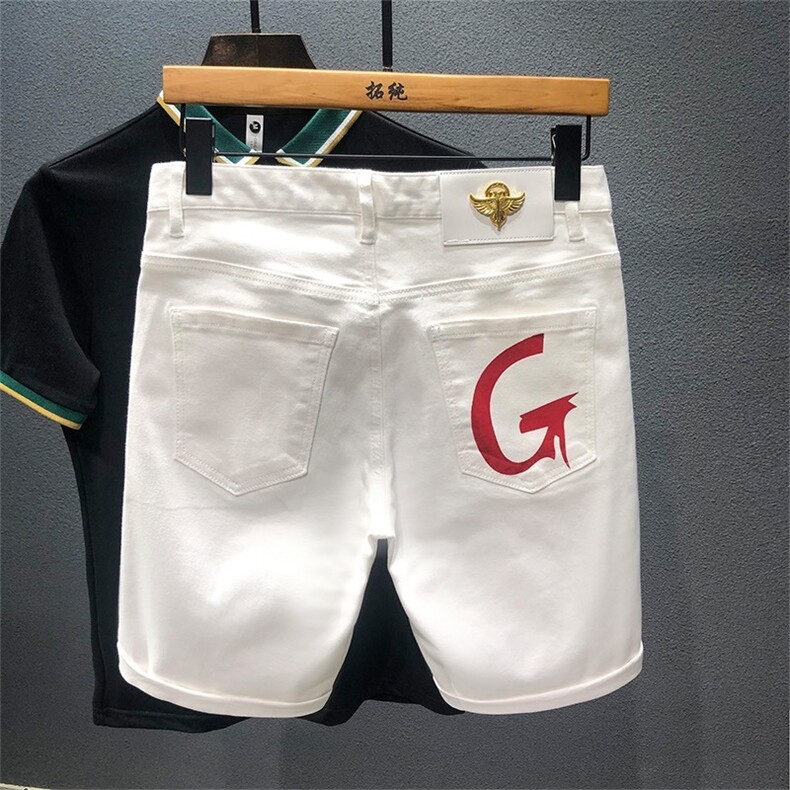 白色短裤男夏季潮流弹力马裤休闲牛仔裤高端潮牌青春修身五分中裤图片
