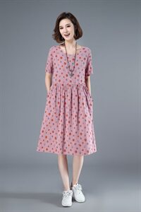 2021年夏季通勤韩版中长款A字裙圆领印花圆点套头40-49周岁裙子图片