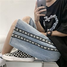 运动牛仔短裤男夏季薄款潮牌侧边织带休闲裤3XL大码 K3214-P32图片