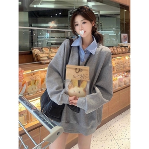 QC016-P55 甜美韩系复古撞色两件拼接卫衣宽松秋季上衣休闲长袖图片