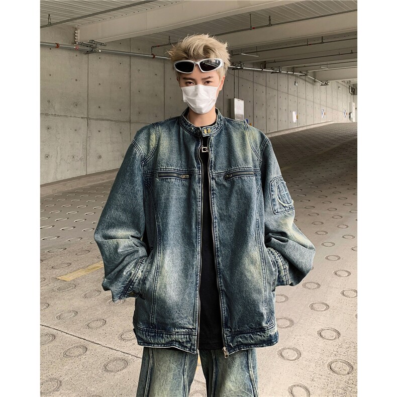 JK8936-P69美式复古水洗做旧拉链口袋牛仔外套男女潮流痞帅,男装工装外套,电商B323A