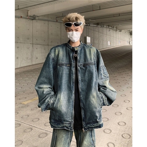JK8936-P69 美式复古水洗做旧拉链口袋牛仔外套男女潮流痞帅图片