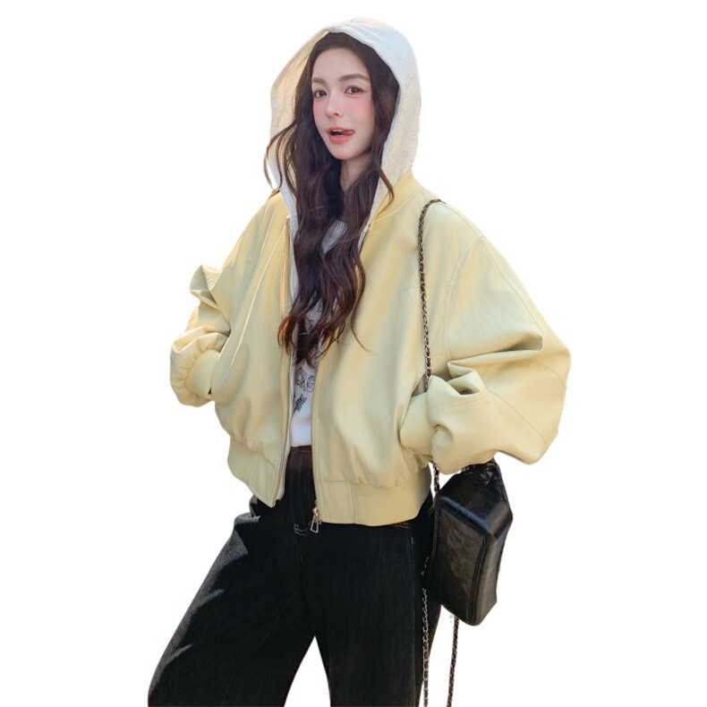 2B081-7707-P160-K238春季2026新款连帽短款皮衣夹克假两件外套,女装短外套,2B081