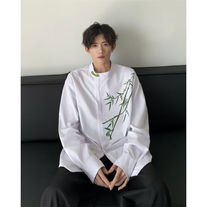 新中式男女风翠竹印花长袖衬衫改良版汉服禅意上衣CS4536-p38,男装衬衫,星座601-2