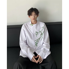 新中式男女风翠竹印花长袖衬衫改良版汉服禅意上衣CS4536-p38，男装衬衫，星座601-2