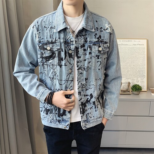 JK823-p90-限价138 现货店主风牛仔夹克肥仔量足破洞印花大码图片