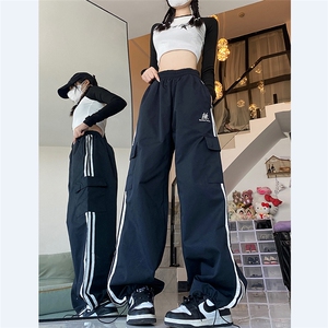 阔腿裤男女韩版潮流高街条纹拼色2024秋夏季ins宽松长裤K4391-P43图片
