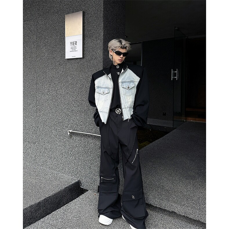 现货！25超短款牛仔拼接垫肩西服撞色夹克外套JK82-P138,男装夹克,电商B288