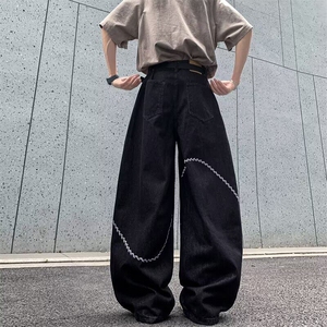 刺绣牛仔裤男女2025夏季街头中性风设计感刺绣阔腿拖地裤9260 P58图片