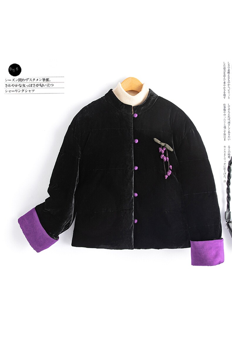 水衣源2801A款丝绒料新中式短款拼色小立领加厚保暖羽绒服女,女装羽绒服,水衣源