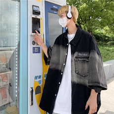 美式渐变牛仔短袖男款夏季潮牌工装外套翻领休闲刺绣衬衣S982-P58，男装衬衫，星座1008