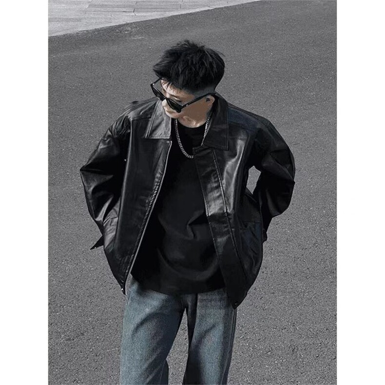 黑色pu皮衣外套痞帅cleanfit机车服夹克美式短款上衣Y1023P68网图,男装夹克,电商B245