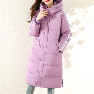 【现货】紫色中长款加厚羽绒服女撞色条纹边直筒图片