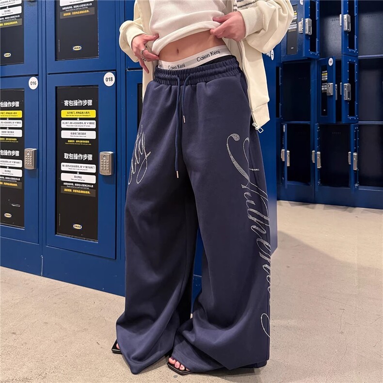 美式设计感烫钻抽绳阔腿卫裤男女宽松百搭休闲直筒拖地长裤,男装休闲裤,星座506A
