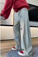 浅蓝高腰阔腿牛仔裤男女生新款刺绣直筒垂感宽松拖，男装牛仔裤，星座302B