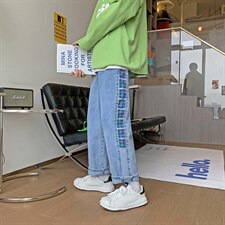 21春季新款港风休闲格子牛仔裤男韩版宽松直筒九分裤子k298-p45，男装牛仔裤，星座1008-1