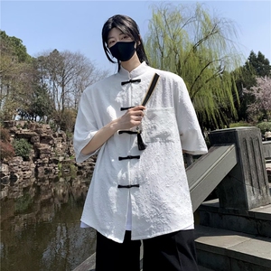 2024春夏风男装中式唐装汉服短袖提花衬衫1279 P40图片