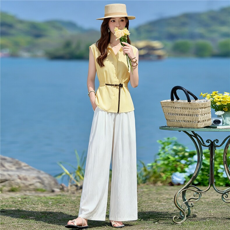 2026年夏季新款马卡龙色上衣阔腿裤两件套休闲套装女,女装套装/套裙,依路服饰