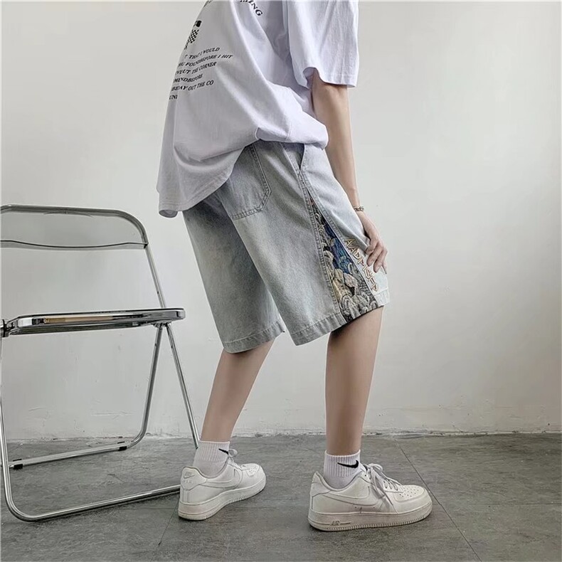 牛仔短裤男女夏季宽松ins潮牌夏季薄款男生刺绣五分裤子N1681-P40,男装牛仔裤,星座1008