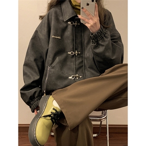 1中性风黄底夹克女大码夹克男水洗雪花皮衣女JK8741P130控168图片