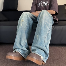 春夏季牛仔裤微设计破洞流苏简约直筒裤潮牌时尚宽松休闲K0057，男装牛仔裤，星座1013
