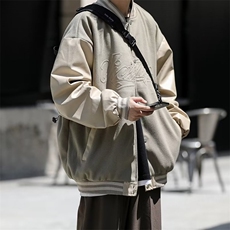 日系街头PU皮拼接棒球服男2022潮牌复古宽松情侣休闲百搭外套，男装夹克，星座716-4