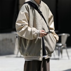 日系街头PU皮拼接棒球服男2022潮牌复古宽松情侣休闲百搭外套图片