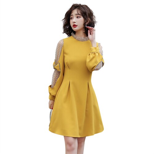 现货2024秋装新款韩版拼纱灯笼袖纯色连衣裙女蝴蝶结烫钻A字裙，女装连衣裙，霓裳依族