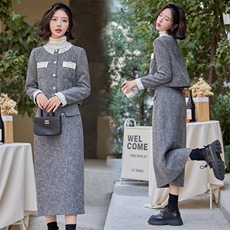 灰色富家千金小香风套装女2025秋新款高级感名媛气质半身裙两件套，商品下架区，雅静靓衣