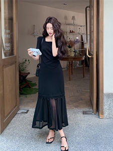 法式轻奢黑色连衣裙女收腰显瘦鱼尾裙气质B129-1555P140K228图片