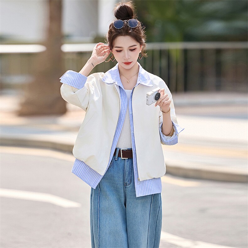 时尚条纹拼接假两件短外套女春季新款设计感减龄夹克风衣上衣,女装短外套,秀美人生