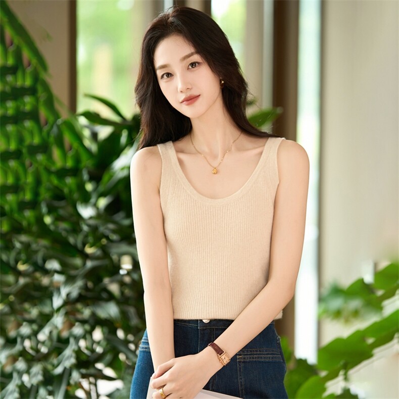 百搭修身100%纯羊毛吊带背心女针织无袖打底衫内搭纯色保暖上衣,女装背心吊带,暖烁羊绒