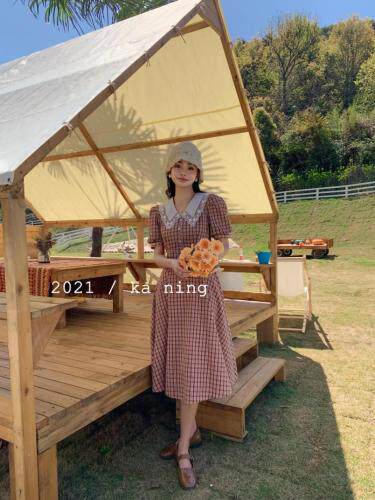 夏装～格子连衣裙显瘦，女装连衣裙，咔柠