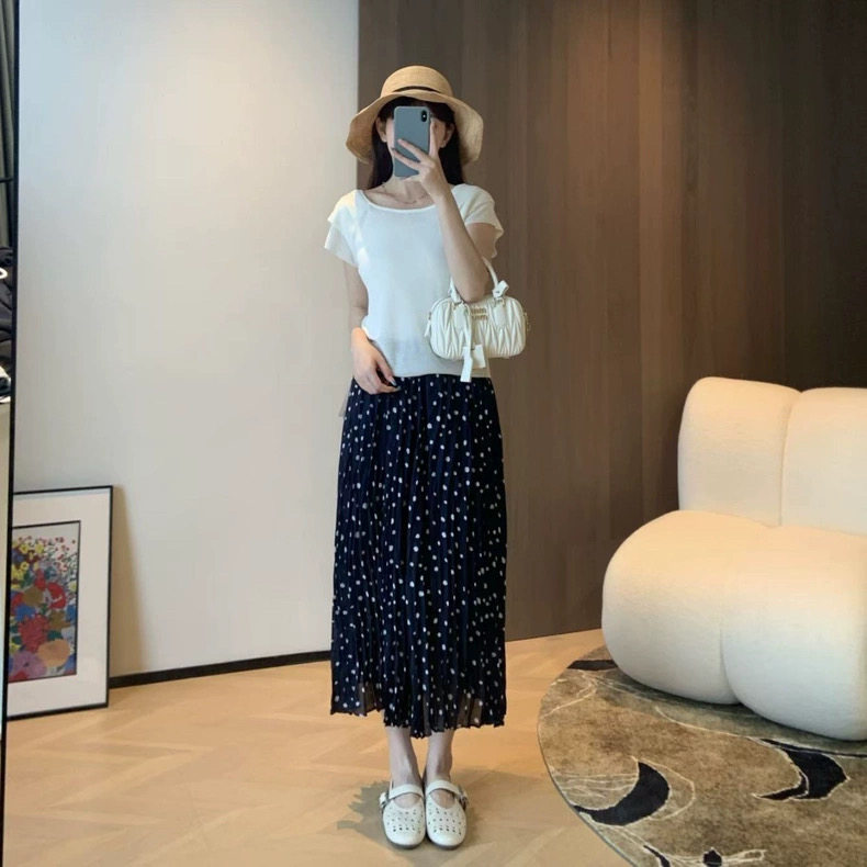 波点印花高支高密显瘦乱褶松紧腰小香风半身裙图片