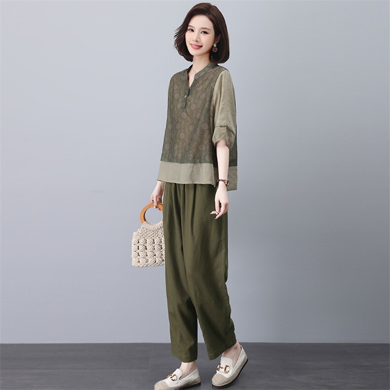 苎麻休闲套装女夏2025新款大码中年妈妈小个子洋气减龄棉麻两件套,女装套装/套裙,忆绮罗