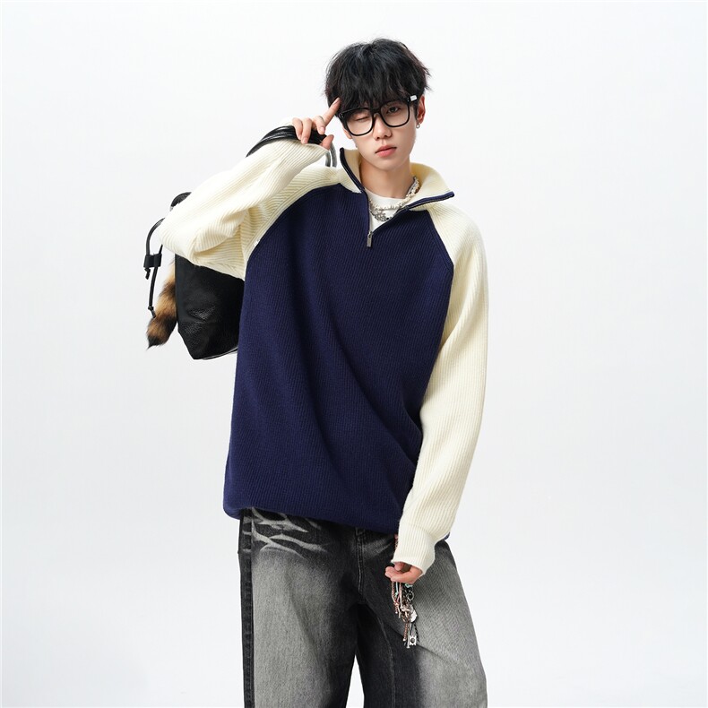 8XL-M半拉链立领毛衣外套男针织衫慵懒拼接插肩袖线衣MY19001P78,男装针织衫/毛衣,电商B312
