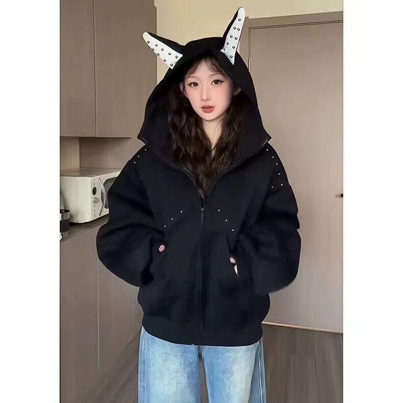 杜宾犬铆钉连帽卫衣男女秋季设计感小众短款外套JK859,女装短外套,星座208-5