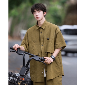 短袖衬衫男新款夏季薄款透气搭配一套短裤宽松翻领衬衣TZ066-P100图片