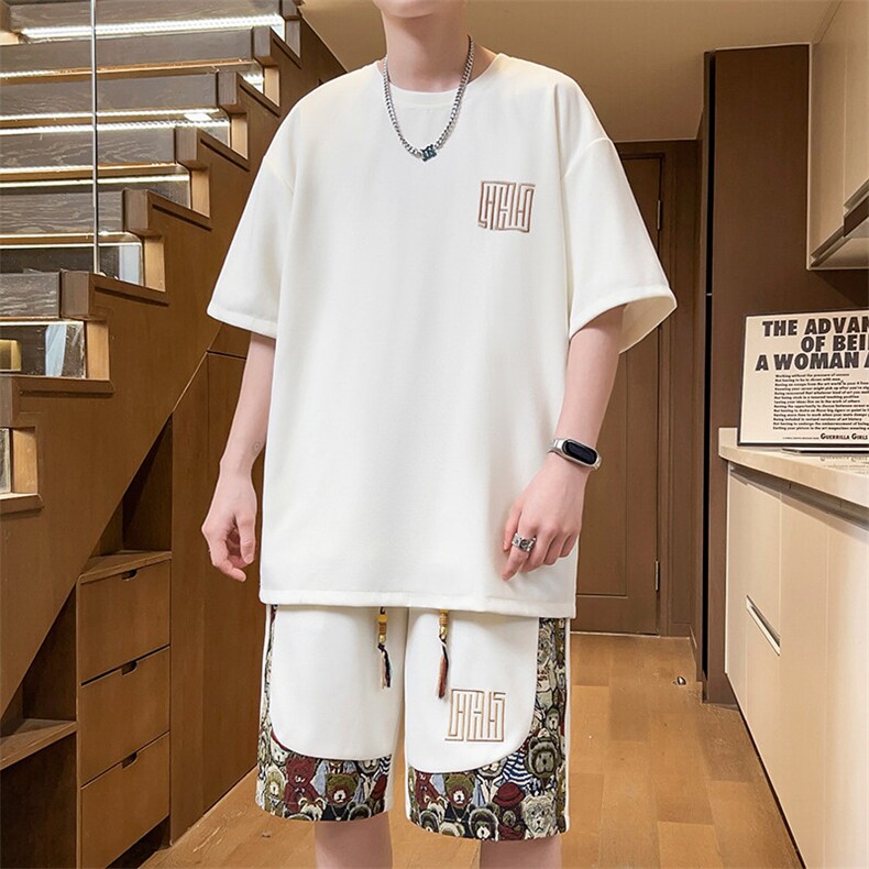 刺绣套装男小熊短裤T恤两件套拼接休闲运动夏季A266-TZ7708-P48图片